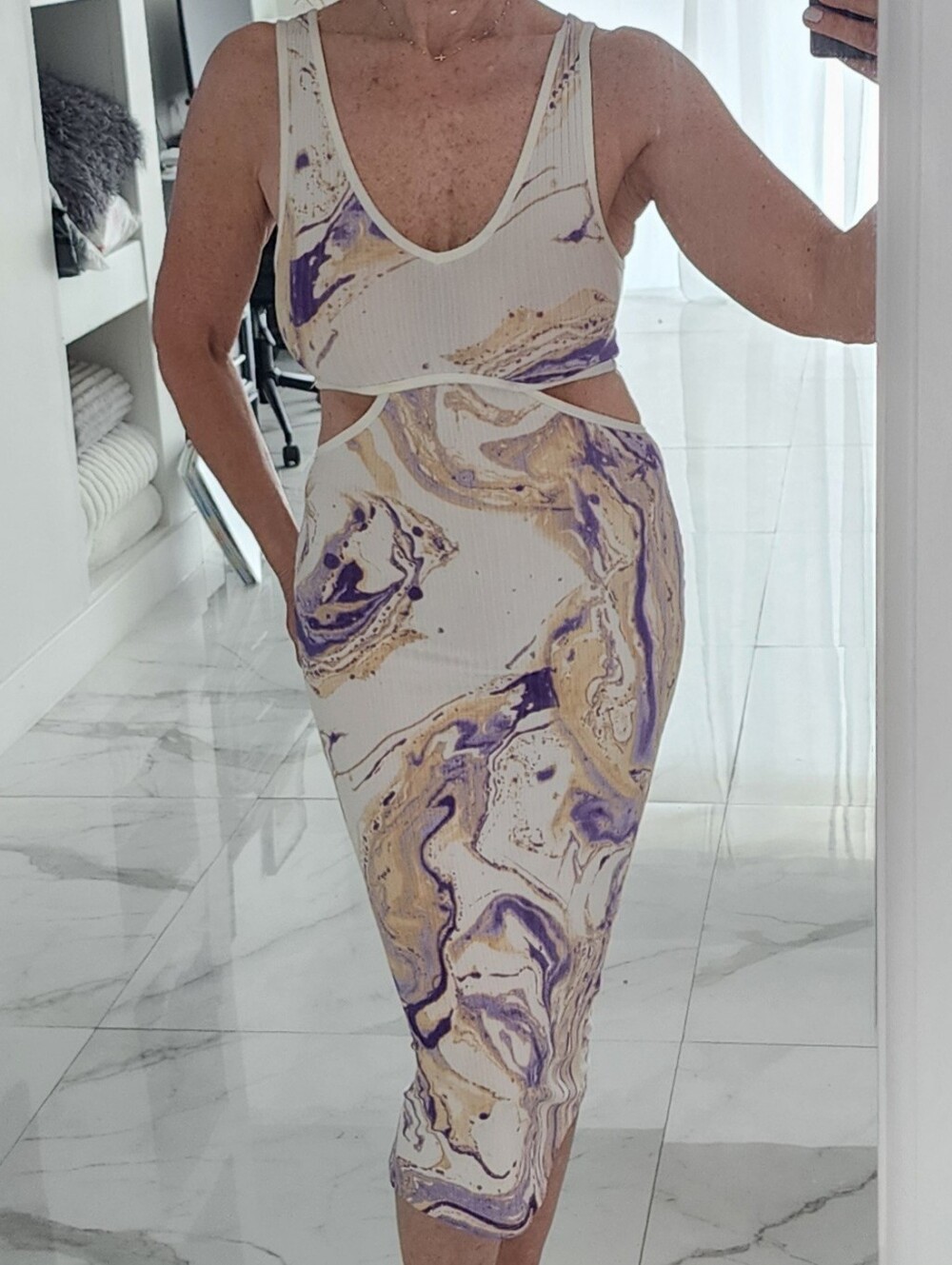 White Marble-Print Cutout Midi Dress - Purple & Gold Accents